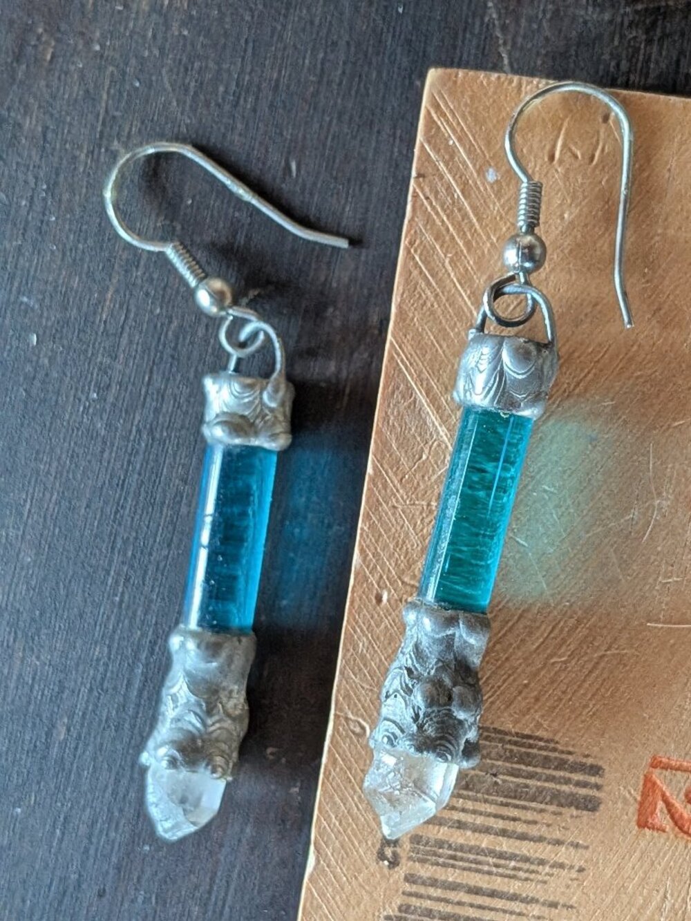 Turquoise glass and crystal earrings with solder